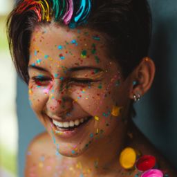A girl smiling brightly with painted colors in her hair and speckled on her face