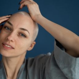 A happy woman with shaved hair touching her head and smiling