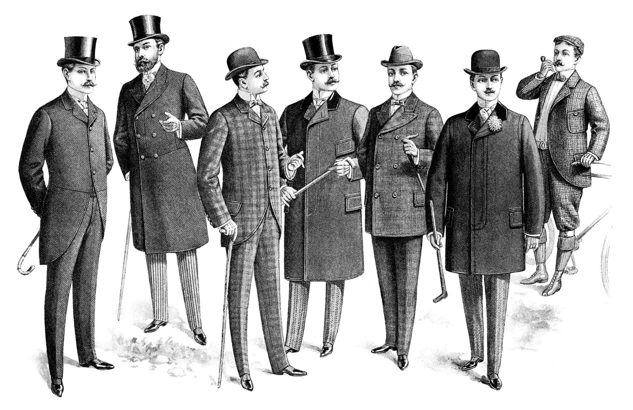 Victorian men wearing jackets and trousers