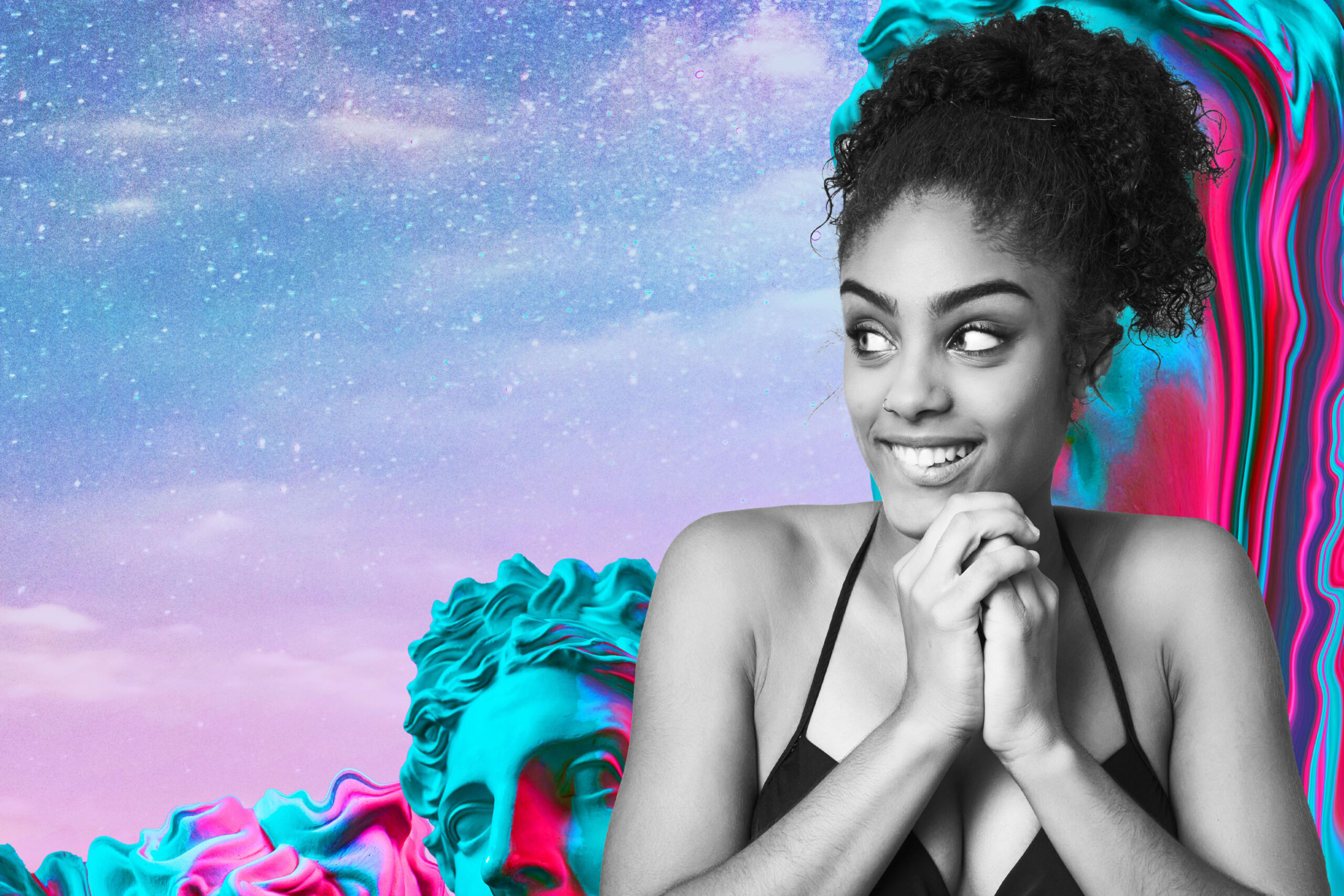 A black girl looking hopeful against a virtual reality background of statues and cosmos