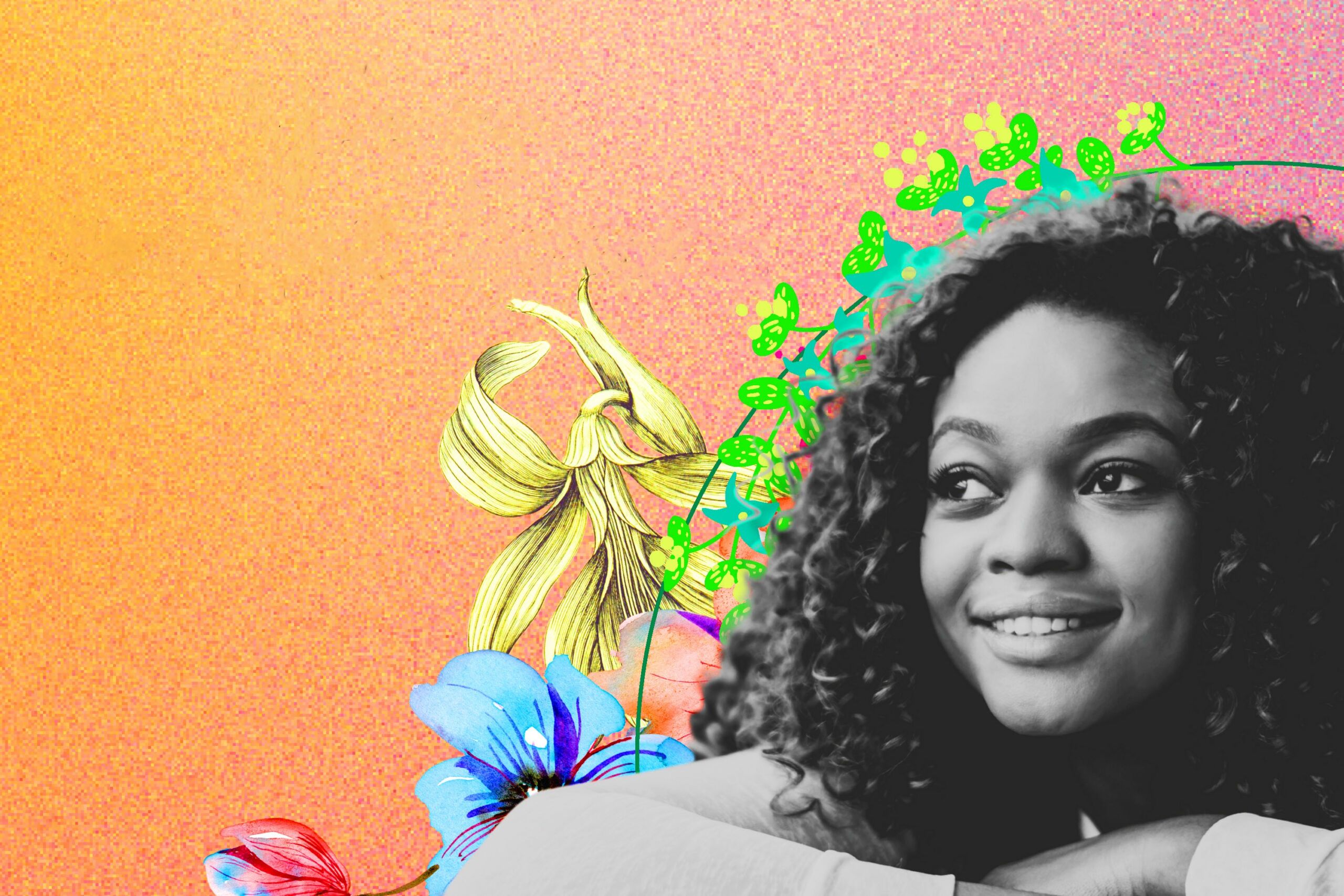 A black girl with curly hair set against a virtual background of flowers and orange