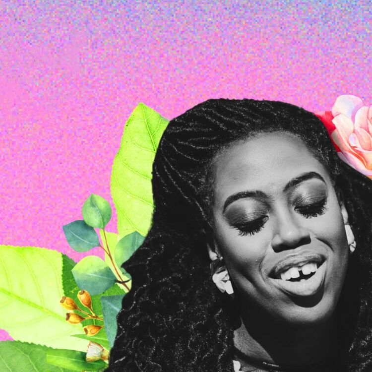 A black woman smiling with a gap in her front tooth set against a background of virtual flowers and pink