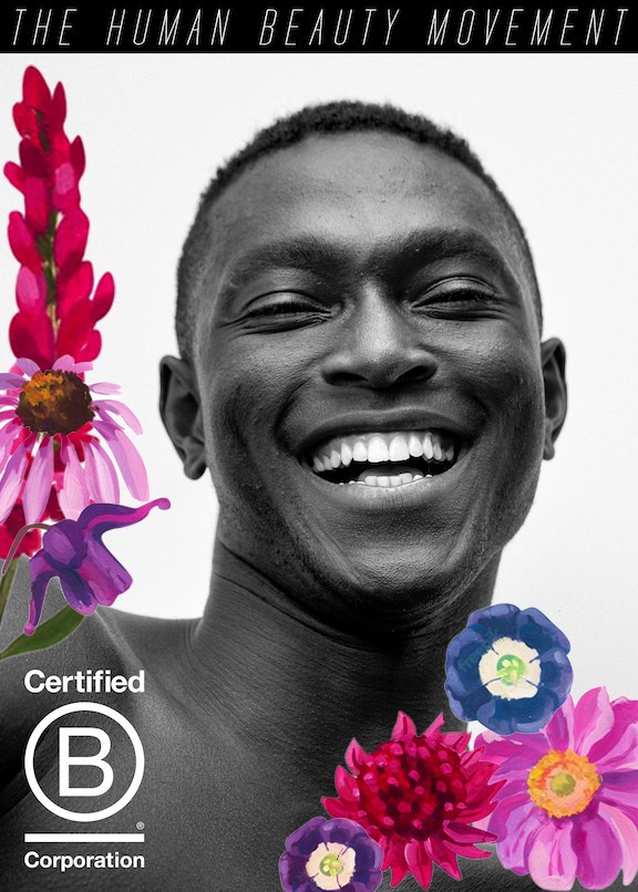 Mohamed smiling, The HBM logo, the B Corp logo, and flowers