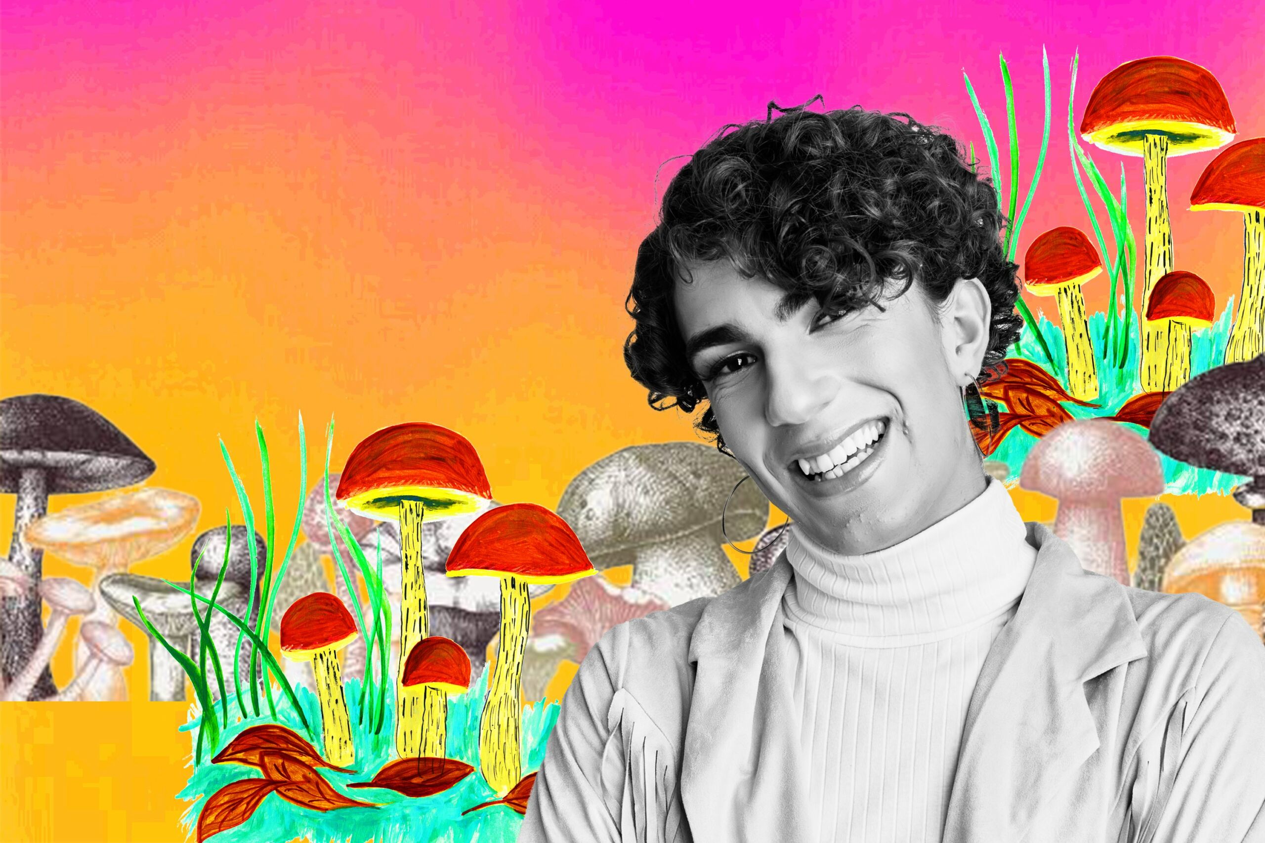A person with short curly hair in a turtleneck smiling against a virtual background of mushrooms and orange-fuchsia gradient