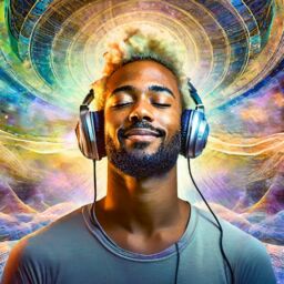 An AI depiction of a man with headphones in a sound healing sessoin