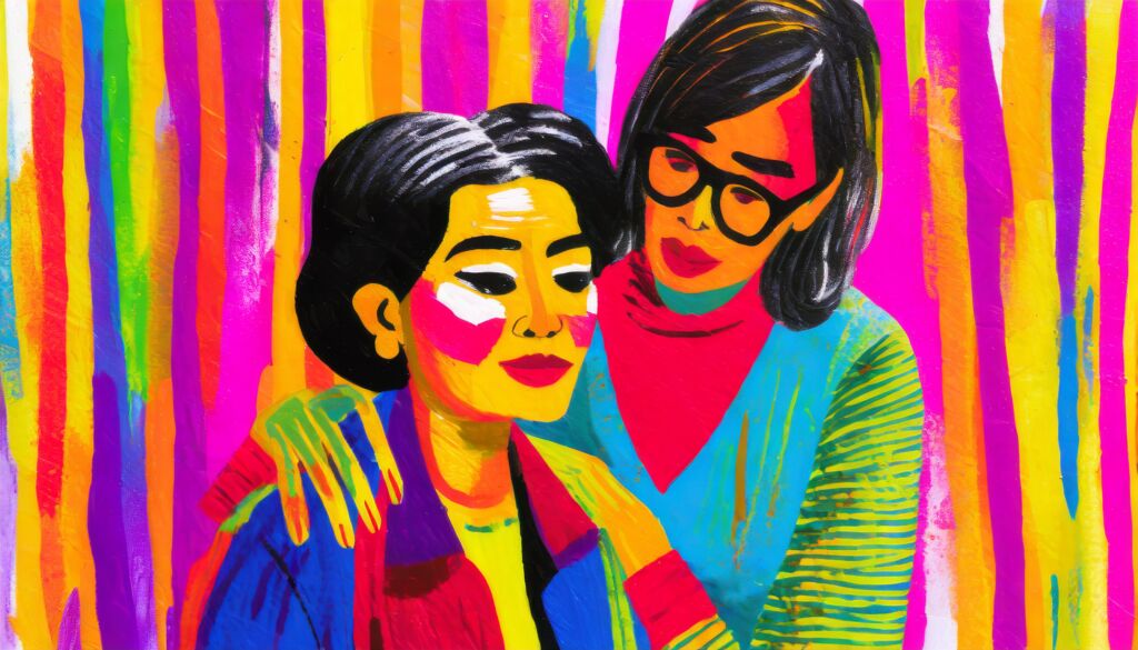 An AI artwork of a woman in glasses caring for another woman